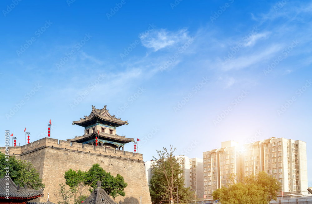 The corner tower of the ancient city wall of the Ming Dynasty was built in 1374 in Xian, China.