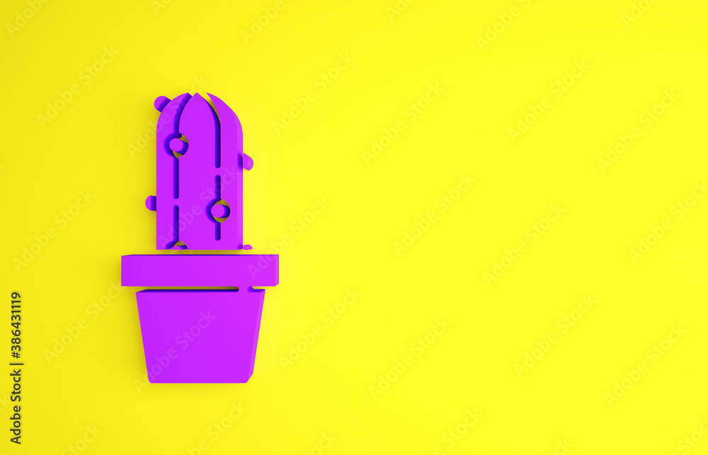 Purple Cactus peyote in pot icon isolated on yellow background. Plant growing in a pot. Potted plant