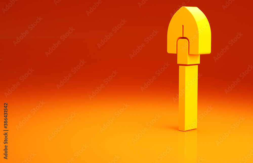 Yellow Shovel icon isolated on orange background. Gardening tool. Tool for horticulture, agriculture