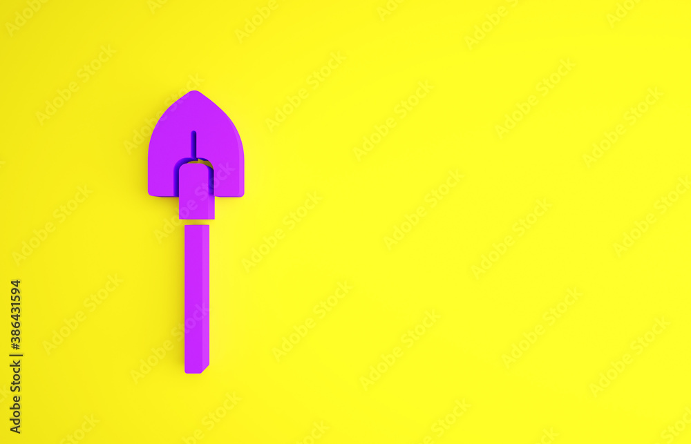 Purple Shovel icon isolated on yellow background. Gardening tool. Tool for horticulture, agriculture