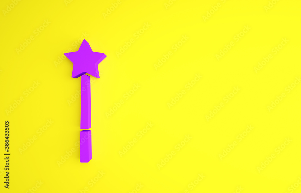 Purple Magic wand icon isolated on yellow background. Star shape magic accessory. Magical power. Min