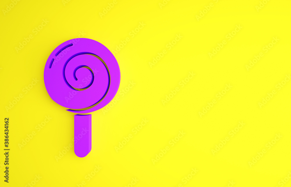 Purple Lollipop icon isolated on yellow background. Food, delicious symbol. Minimalism concept. 3d i