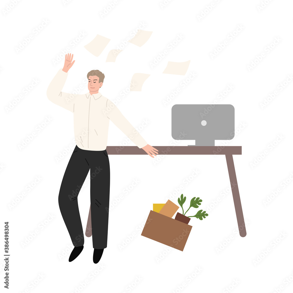 Angry fired man office worker scattering documents and going from office