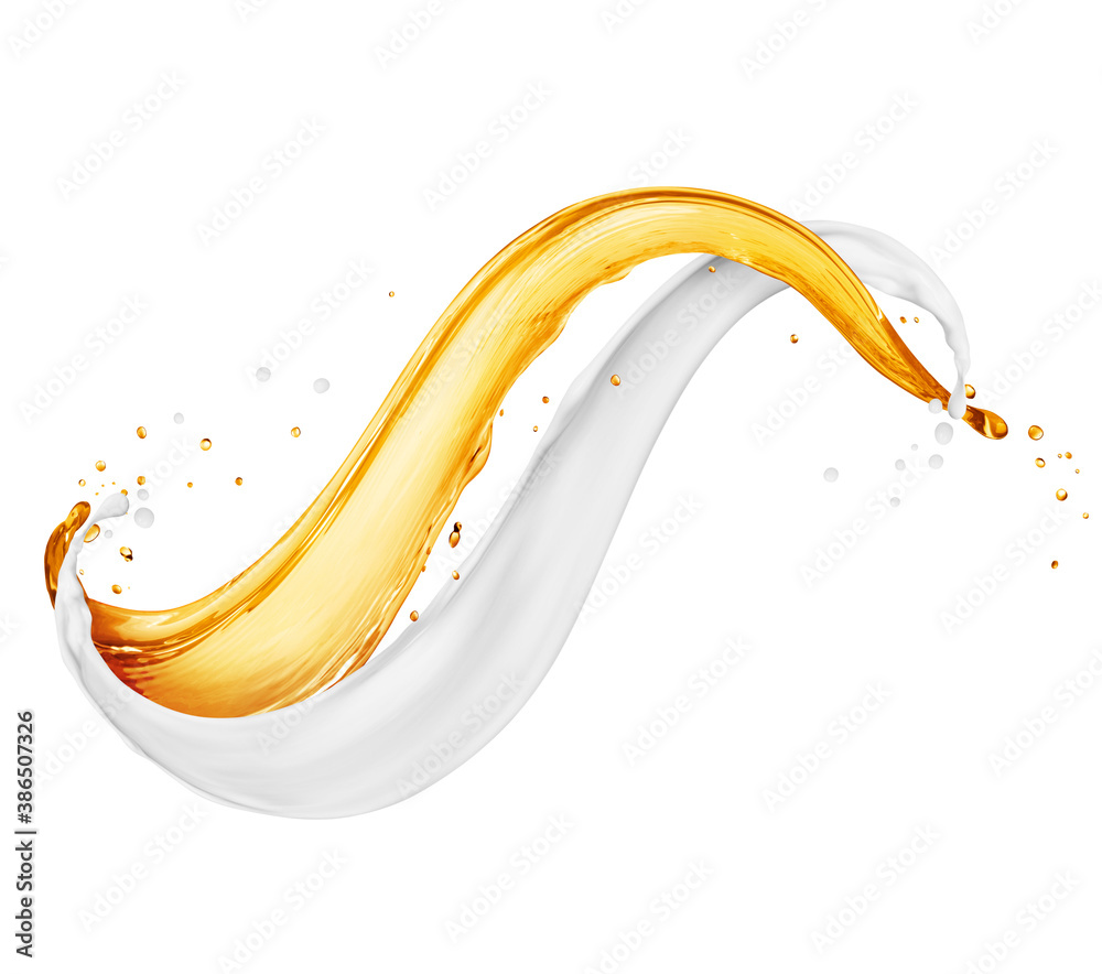 Mix of oily and milky splashes on a white background