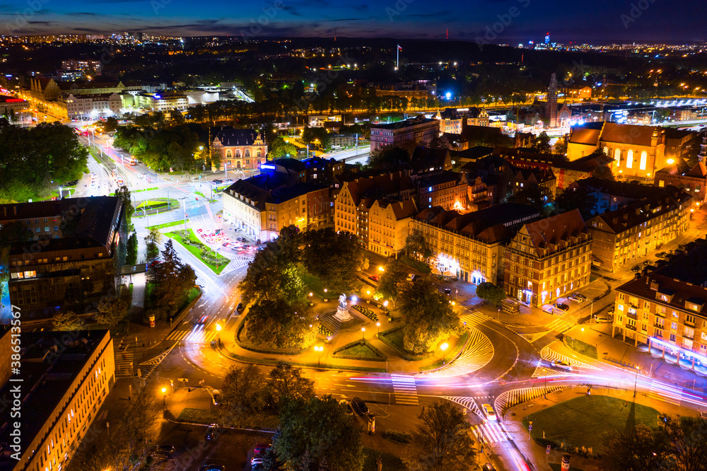 Aerial view of the Gdansk city at dusk, Poland