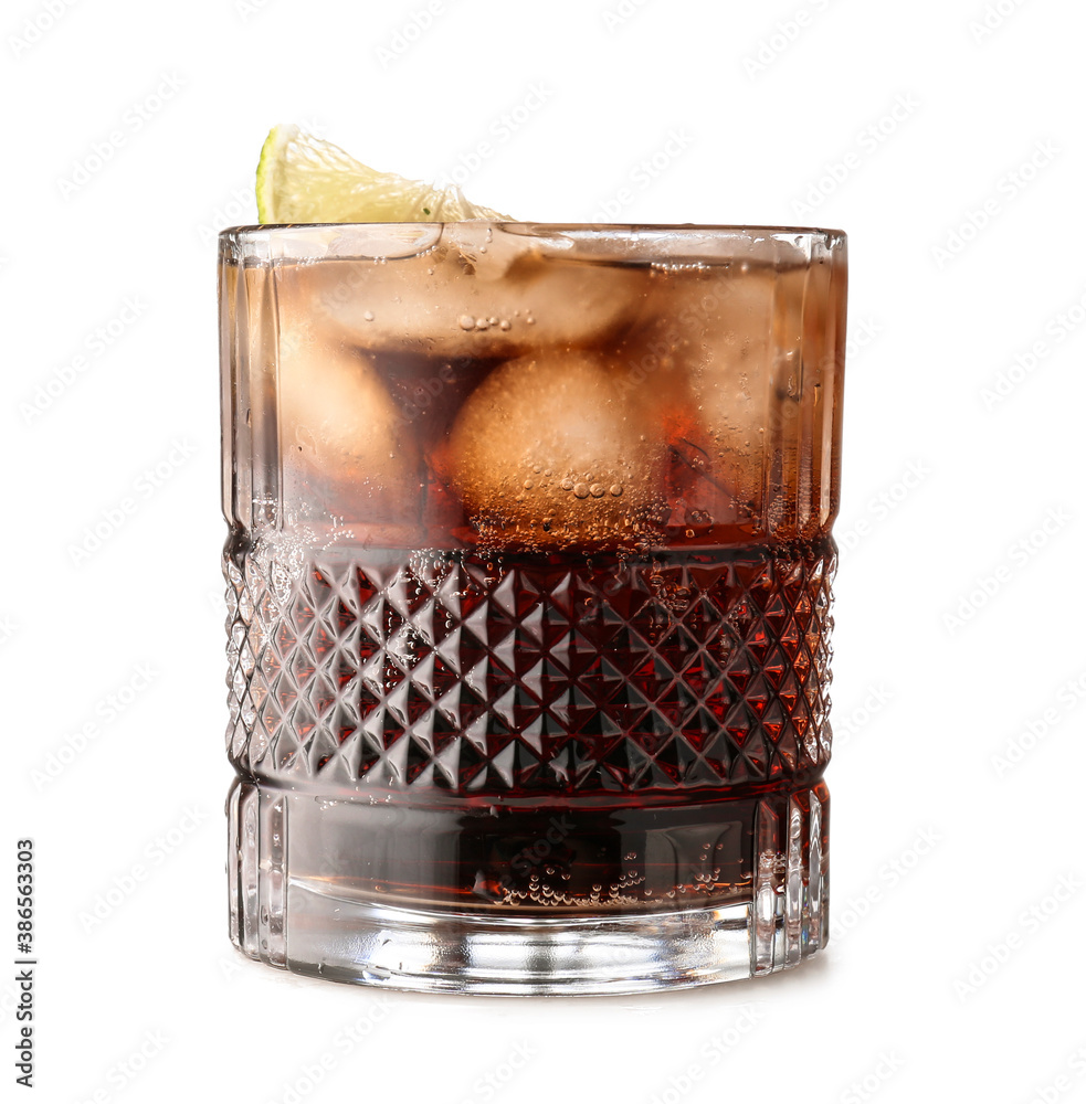 Glass of tasty Cuba Libre cocktail on white background