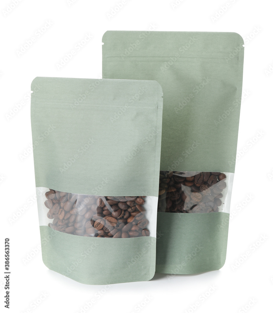 Blank coffee bags on white background