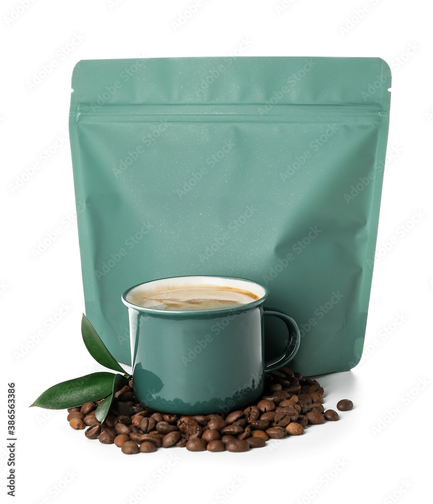 Blank coffee bag and cup on white background