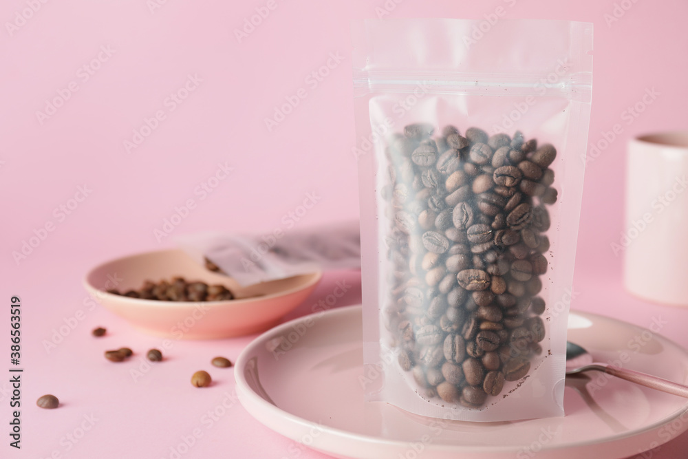 Blank coffee bag on color background