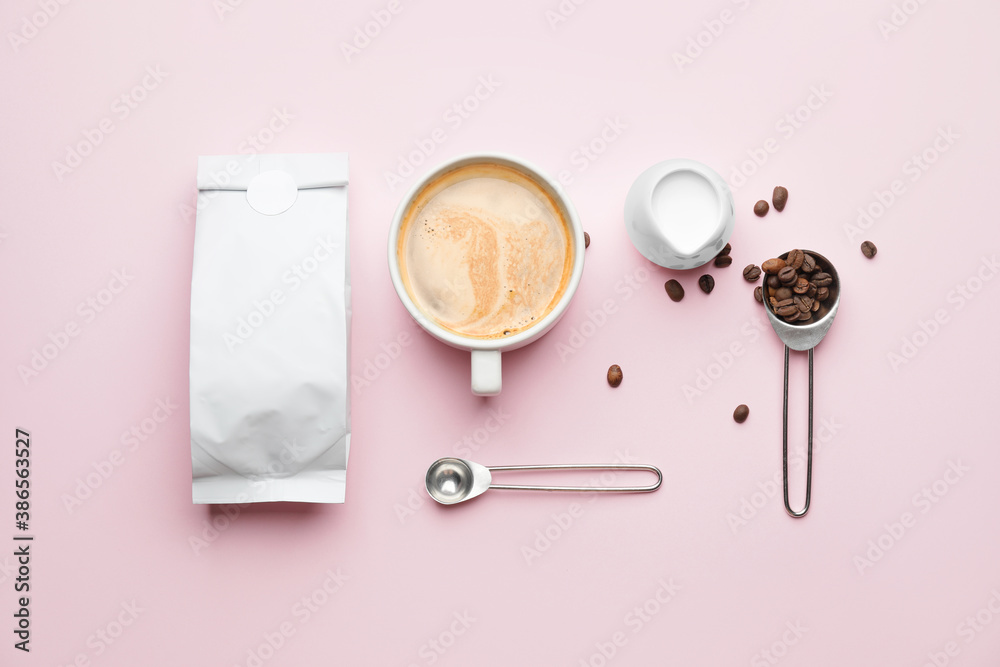 Composition with hot coffee  on color background