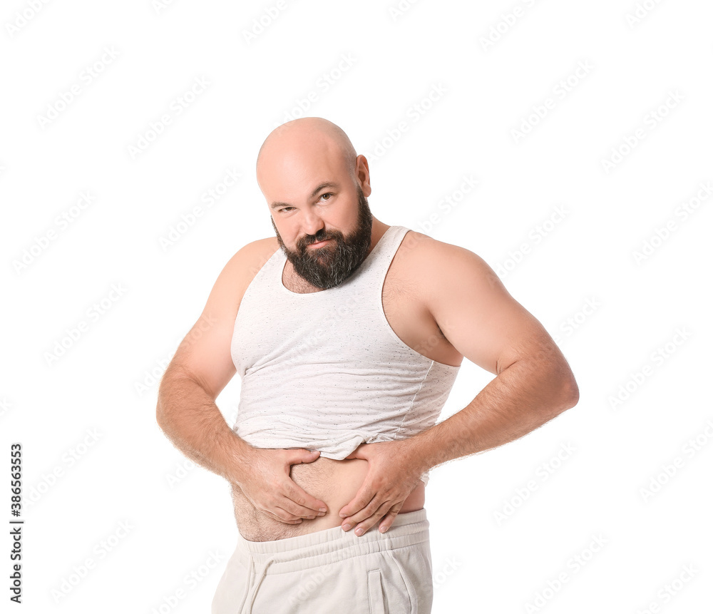 Overweight man on white background. Weight loss concept