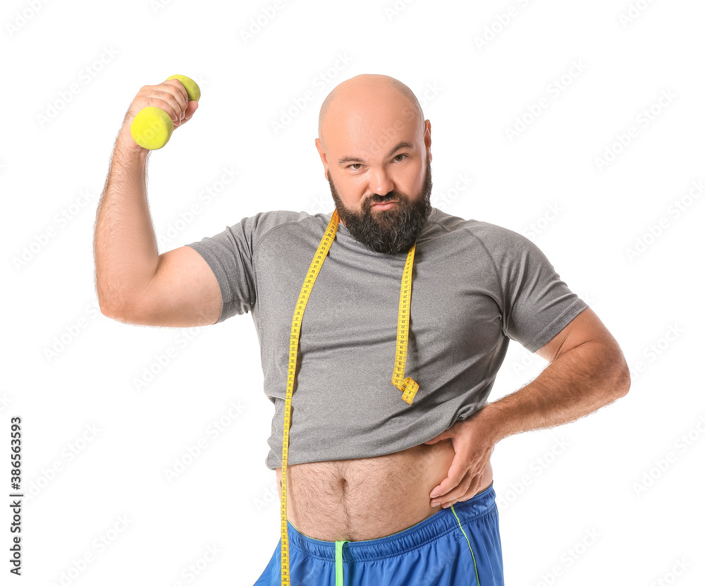 Overweight man with measuring tape and dumbbell on white background. Weight loss concept