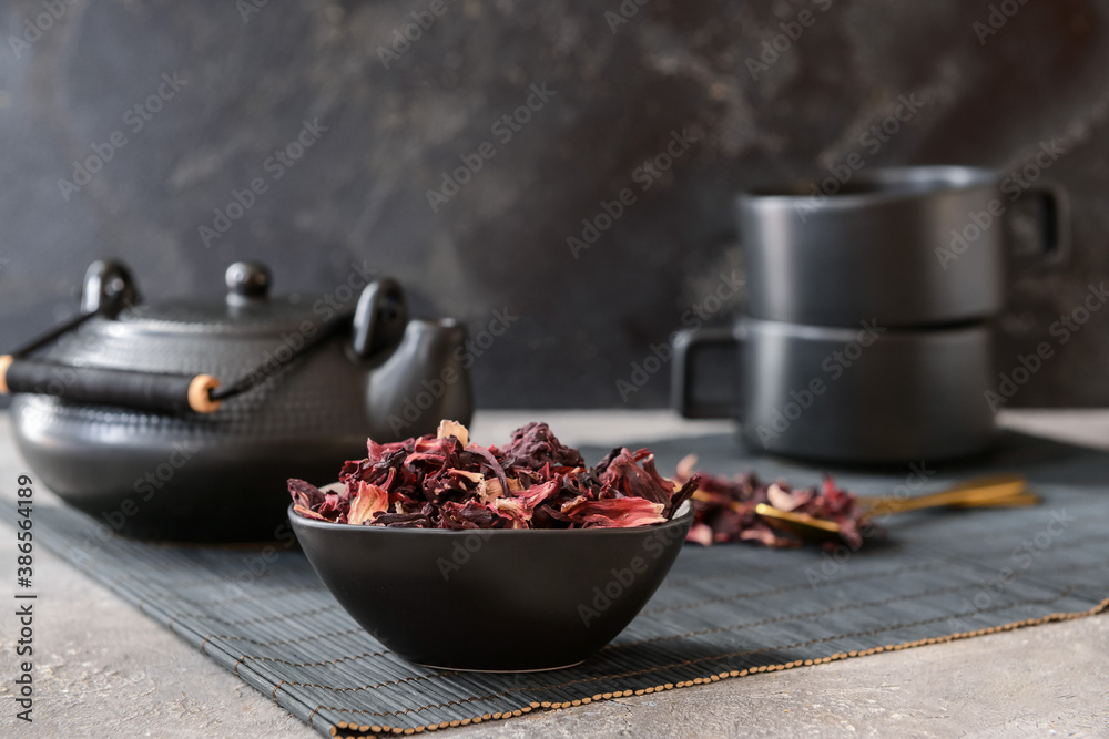 Composition with hibiscus tea on table