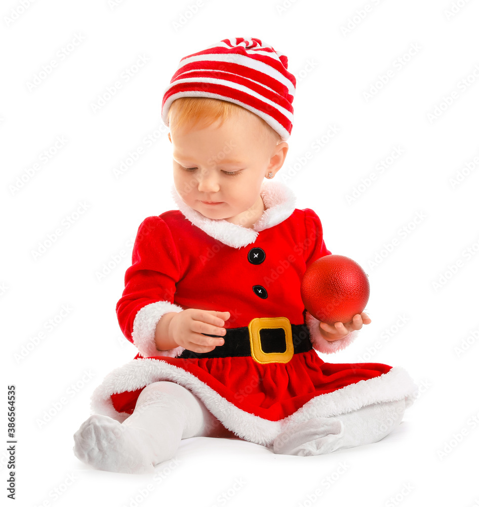 Cute little baby in Christmas costume on white background