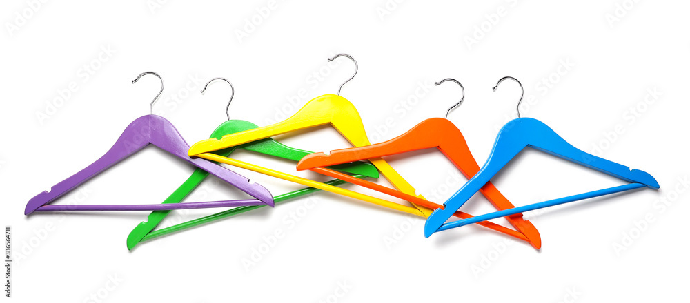 Clothes hangers on white background