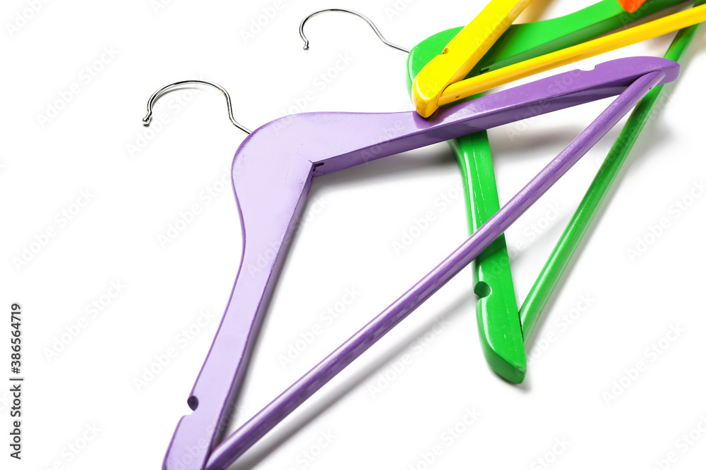 Clothes hangers on white background