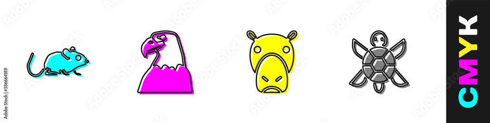 Set Rat, Eagle head, Hippo or Hippopotamus and Turtle icon. Vector.