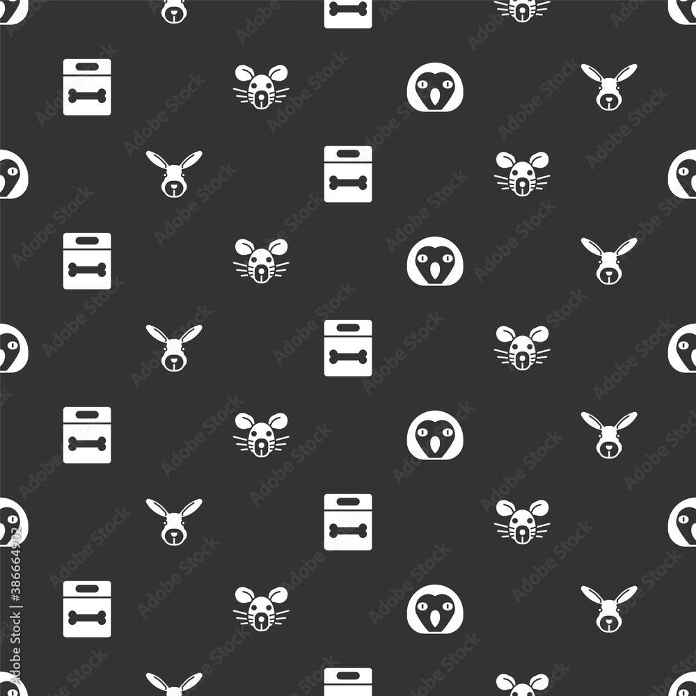 Set Owl bird, Rabbit head, Dog bone and Rat on seamless pattern. Vector.