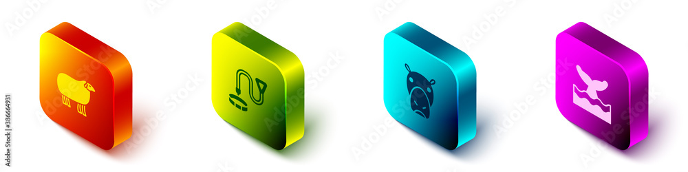 Set Isometric Sheep, Collar with name tag, Hippo or Hippopotamus and Whale tail in ocean wave icon. 