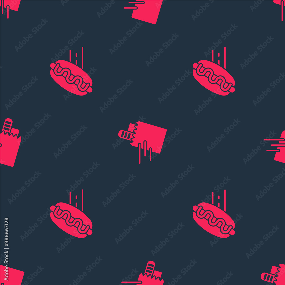 Set Online ordering hotdog and and delivery on seamless pattern. Vector.