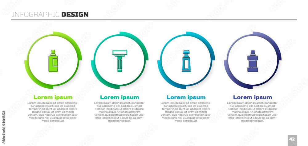 Set Bottle for cleaning agent, Shaving razor, Tube of toothpaste and . Business infographic template