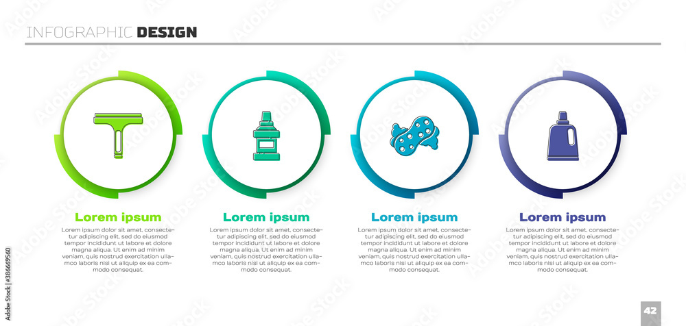 Set Rubber cleaner, Mouthwash bottle, Sponge and Bottle for cleaning agent. Business infographic tem