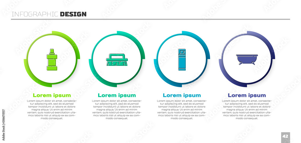 Set Bottle for cleaning agent, Brush, Shaving gel foam and Bathtub. Business infographic template. V