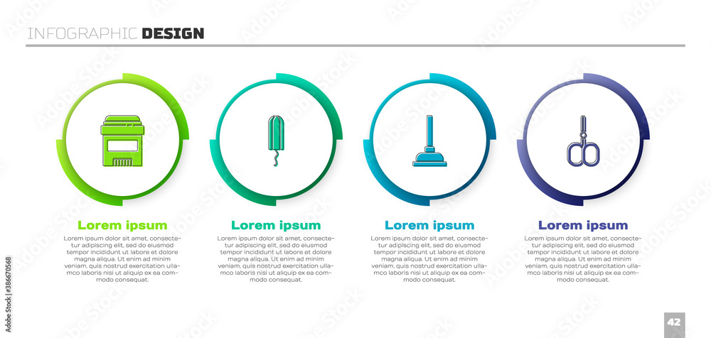 Set Antiperspirant deodorant roll, Sanitary tampon, Rubber plunger and Nail scissors. Business infog