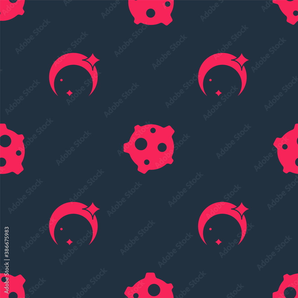 Set Moon and stars and Asteroid on seamless pattern. Vector.