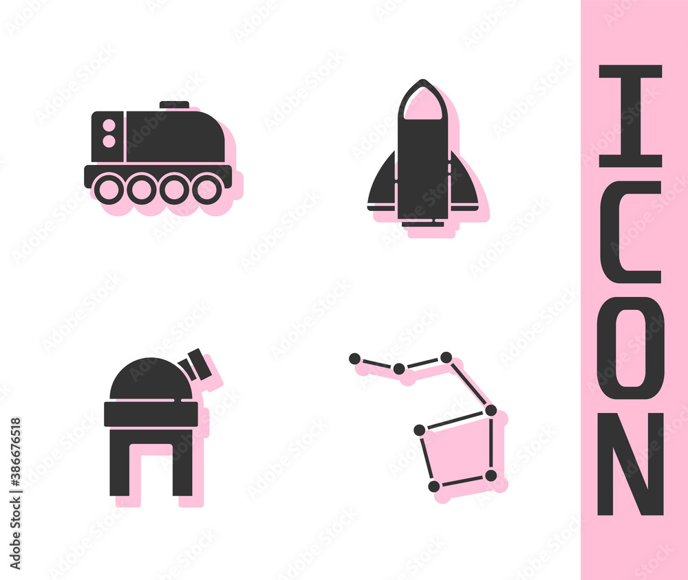 Set Great Bear constellation, Mars rover, Astronomical observatory and Rocket ship icon. Vector.