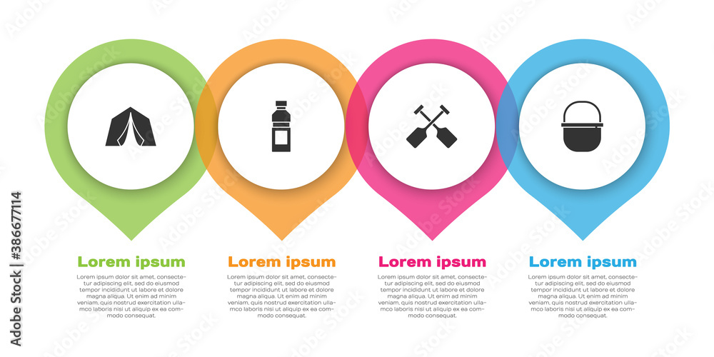 Set Tourist tent, Bottle of water, Paddle and Camping pot. Business infographic template. Vector.