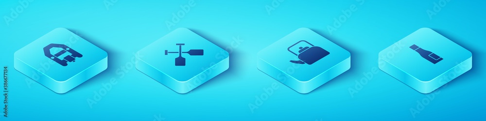 Set Isometric Rafting boat, Paddle, Bottle of water and Kettle with handle icon. Vector.