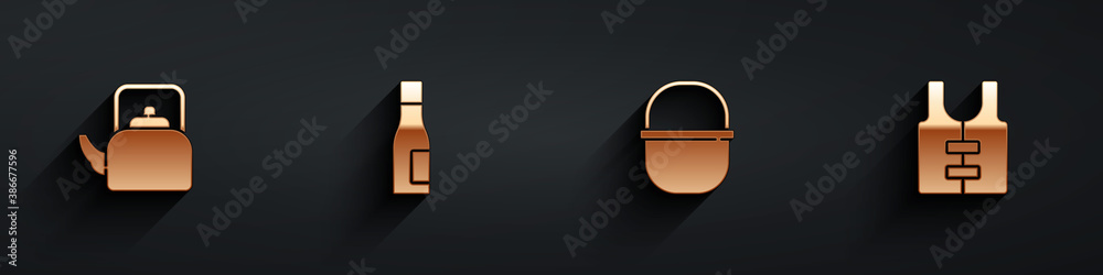 Set Kettle with handle, Bottle of water, Camping pot and Life jacket icon with long shadow. Vector.