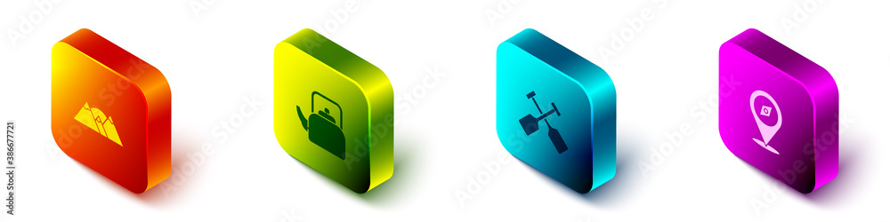 Set Isometric Mountains, Kettle with handle, Paddle and Compass icon. Vector.