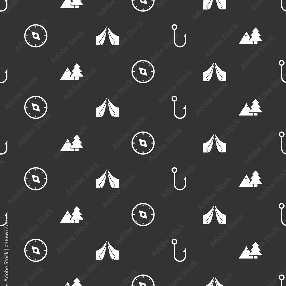 Set Fishing hook, Mountains with tree, Compass and Tourist tent on seamless pattern. Vector.