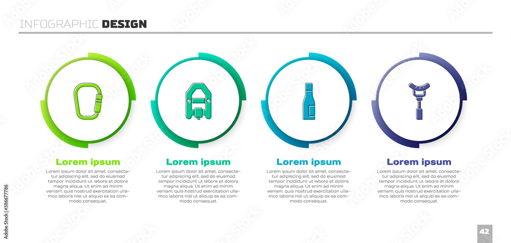 将钩环、漂流船、水瓶和香肠放在叉子上。商业信息图模板。