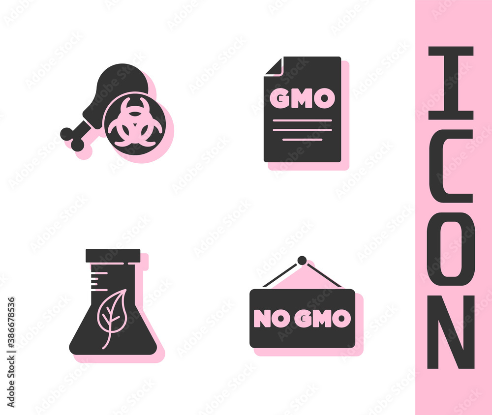 Set No GMO, Gmo research chicken, Test tube and flask and icon. Vector.