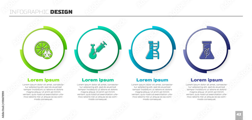 Set Genetically modified orange, Gmo research chicken, DNA research, and Test tube and flask. Busine