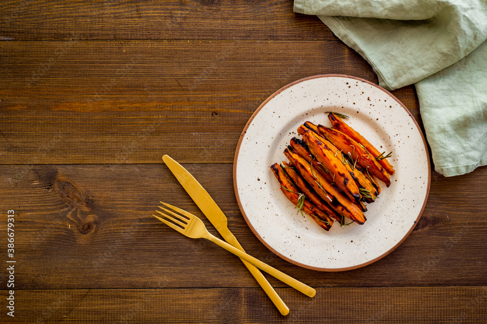 Homemade baked sweet potato - fries with spices, top view