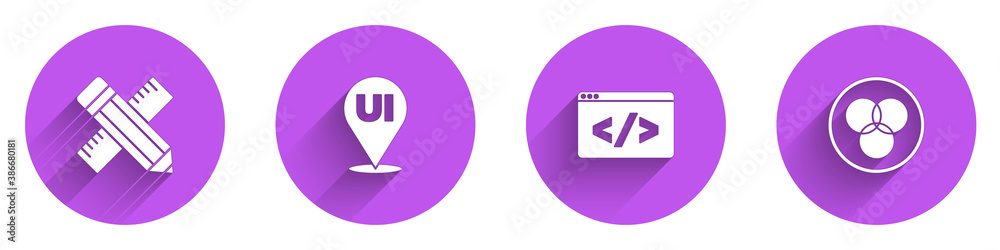 Set Crossed ruler and pencil, UI or UX design, Front end development and RGB CMYK color mixing icon 