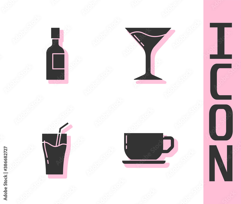 Set Coffee cup, Champagne bottle, Glass juice and Martini glass icon. Vector.