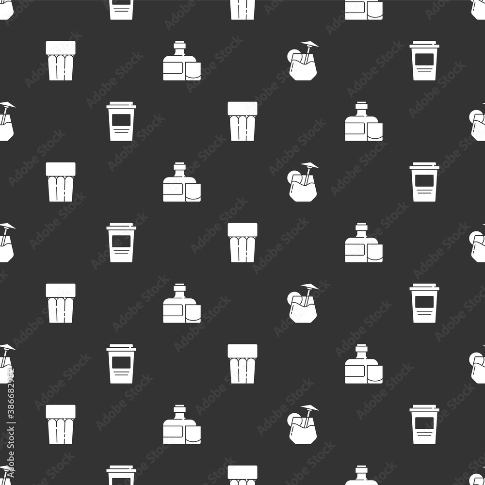 Set Cocktail, Coffee cup to go, Glass with water and Whiskey bottle and glass on seamless pattern. V