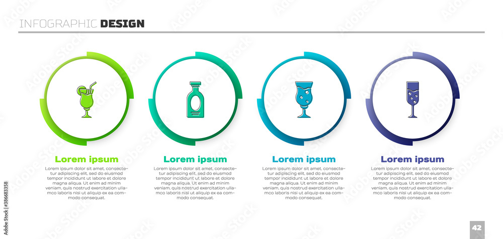 设置鸡尾酒，酒精饮料朗姆酒，一杯啤酒和香槟。商业信息图模板。矢量。