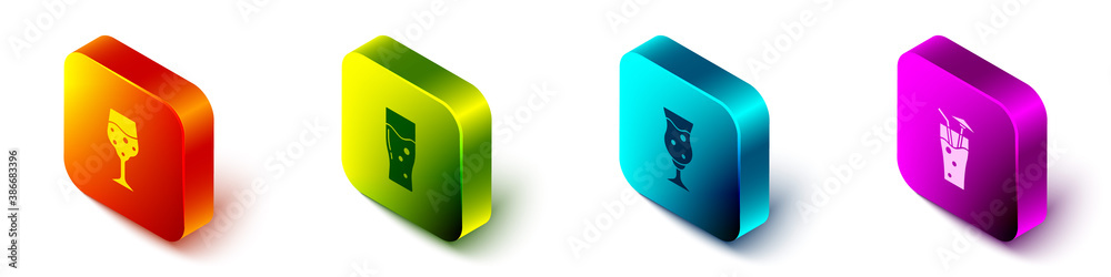 Set Isometric Glass of champagne, beer, and Cocktail icon. Vector.