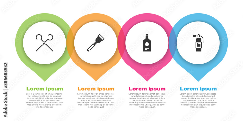 Set BBQ skewers, Spatula, Tabasco sauce and Fire extinguisher. Business infographic template. Vector