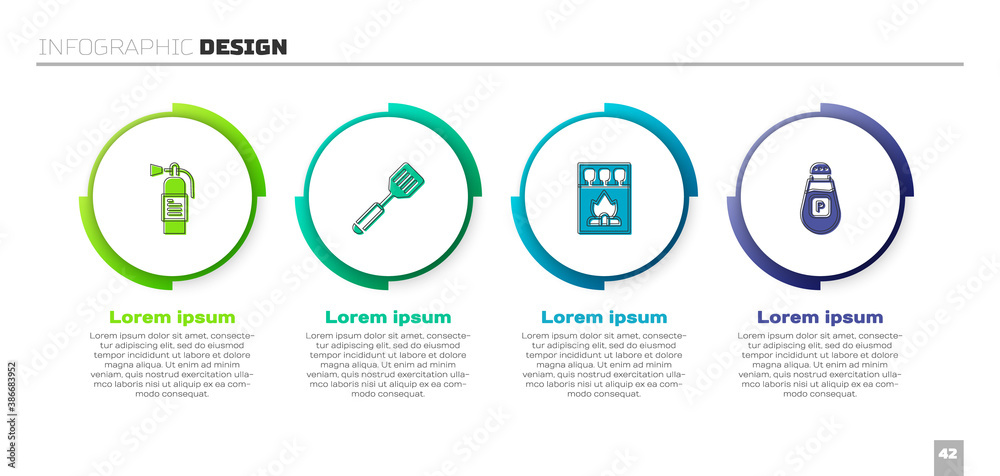 设置灭火器、抹刀、火柴盒、火柴和胡椒。商业信息图模板。Vect