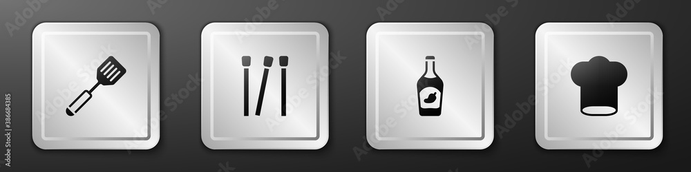 Set Spatula, Matches, Ketchup bottle and Chef hat icon. Silver square button. Vector.