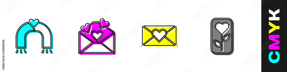 Set Love magnet, Envelope with Valentine heart, and Flower rose icon. Vector.