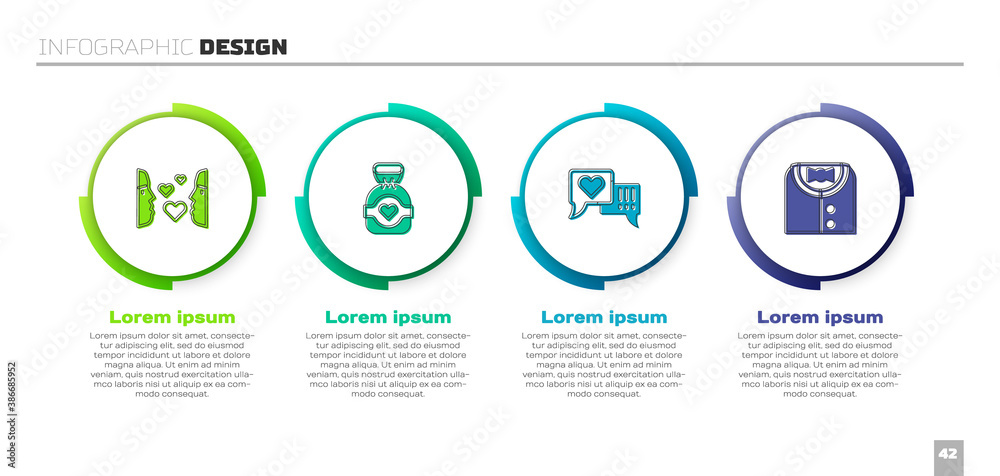 Set Love at first sight, Chocolate candy, Heart in speech bubble and Suit. Business infographic temp