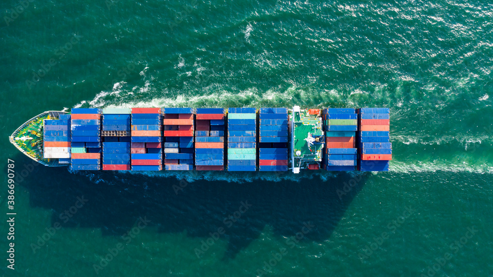 Aerial view container ship carrying container box global business cargo freight shipping commercial 